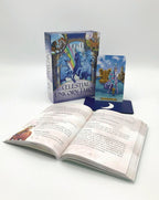 Open book titled 'Celestial Unicorn Tarot' with tarot cards and box on a white background