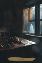 Dark room with a window showing a ghostly figure, acorns on a table.