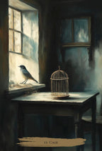 Birdcage on a table by a window with a bird perched outside, in a dimly lit room.