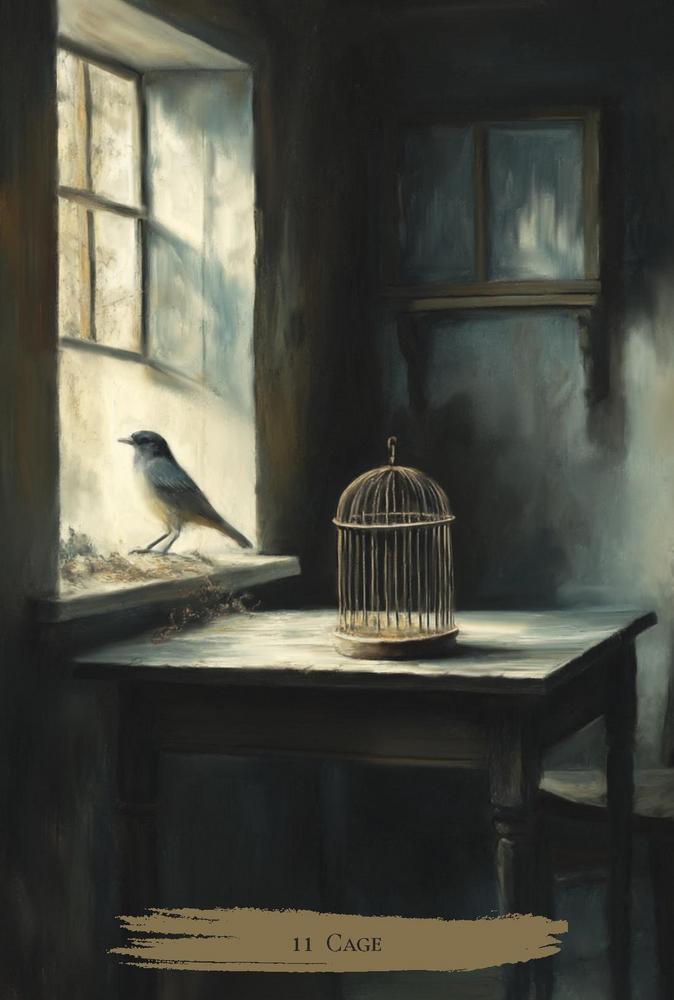Birdcage on a table by a window with a bird perched outside, in a dimly lit room.