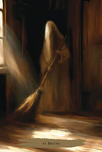 Ghostly figure with a broom in a dimly lit room