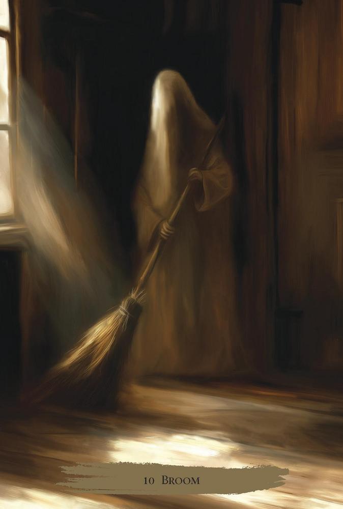 Ghostly figure with a broom in a dimly lit room
