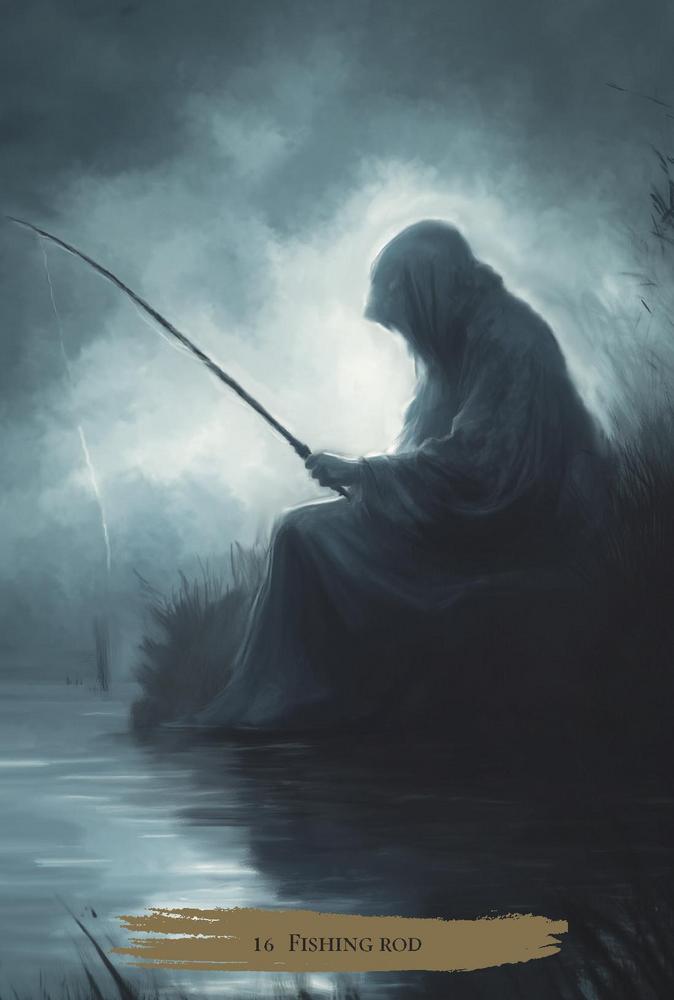 Silhouette of a person fishing in a misty, dark setting with text 'The Fishing Rod'.