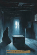 Dark, eerie room with a figure approaching a closed door