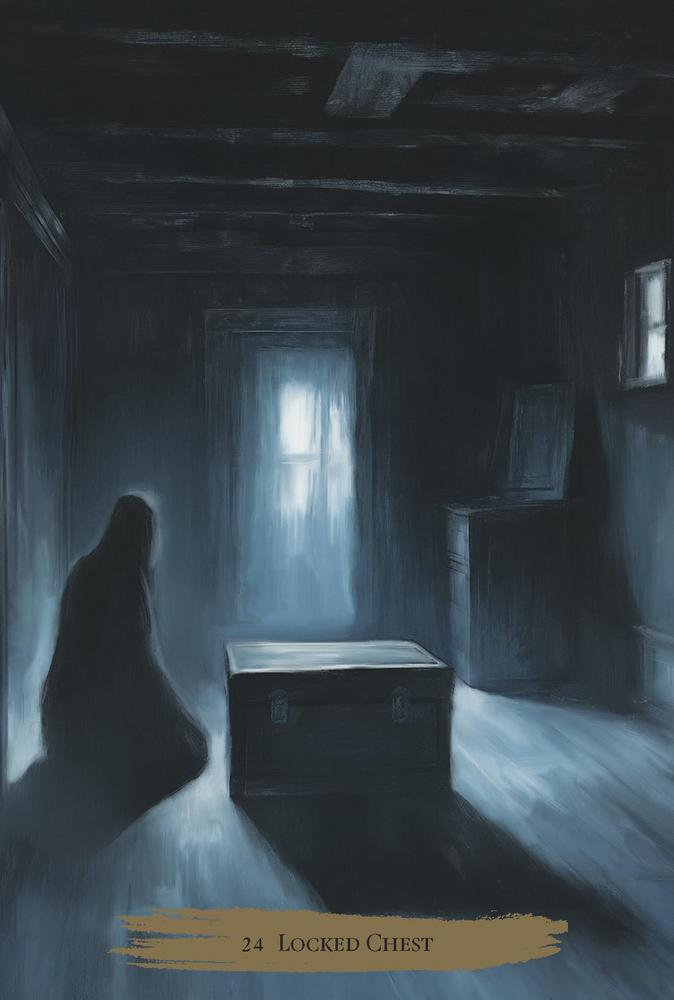 Dark, eerie room with a figure approaching a closed door