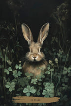 Illustration of a hare among clover leaves with a dark background