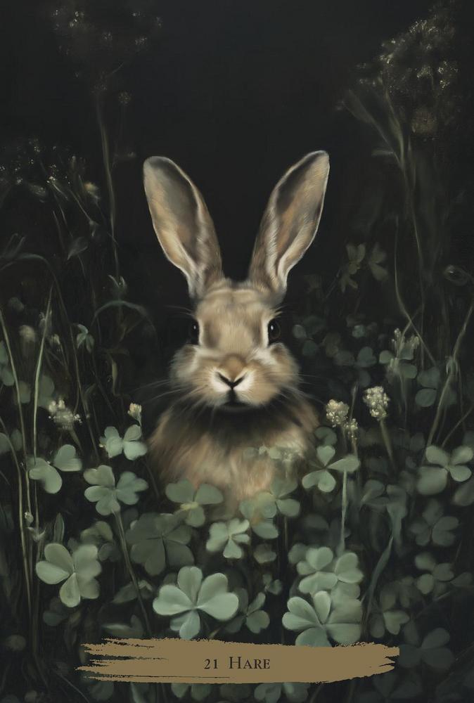 Illustration of a hare among clover leaves with a dark background