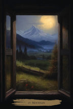 Painting of a mountain landscape viewed through a window with a warm glow.