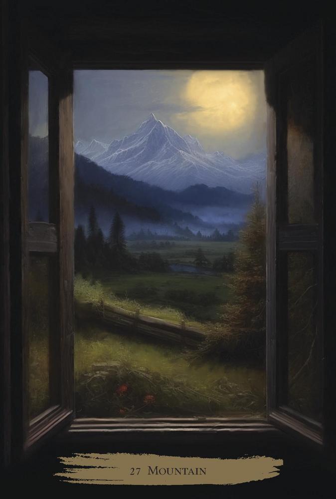 Painting of a mountain landscape viewed through a window with a warm glow.
