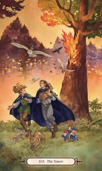 Folklore scene with characters and animals in a forest setting, featuring a large tree on fire.