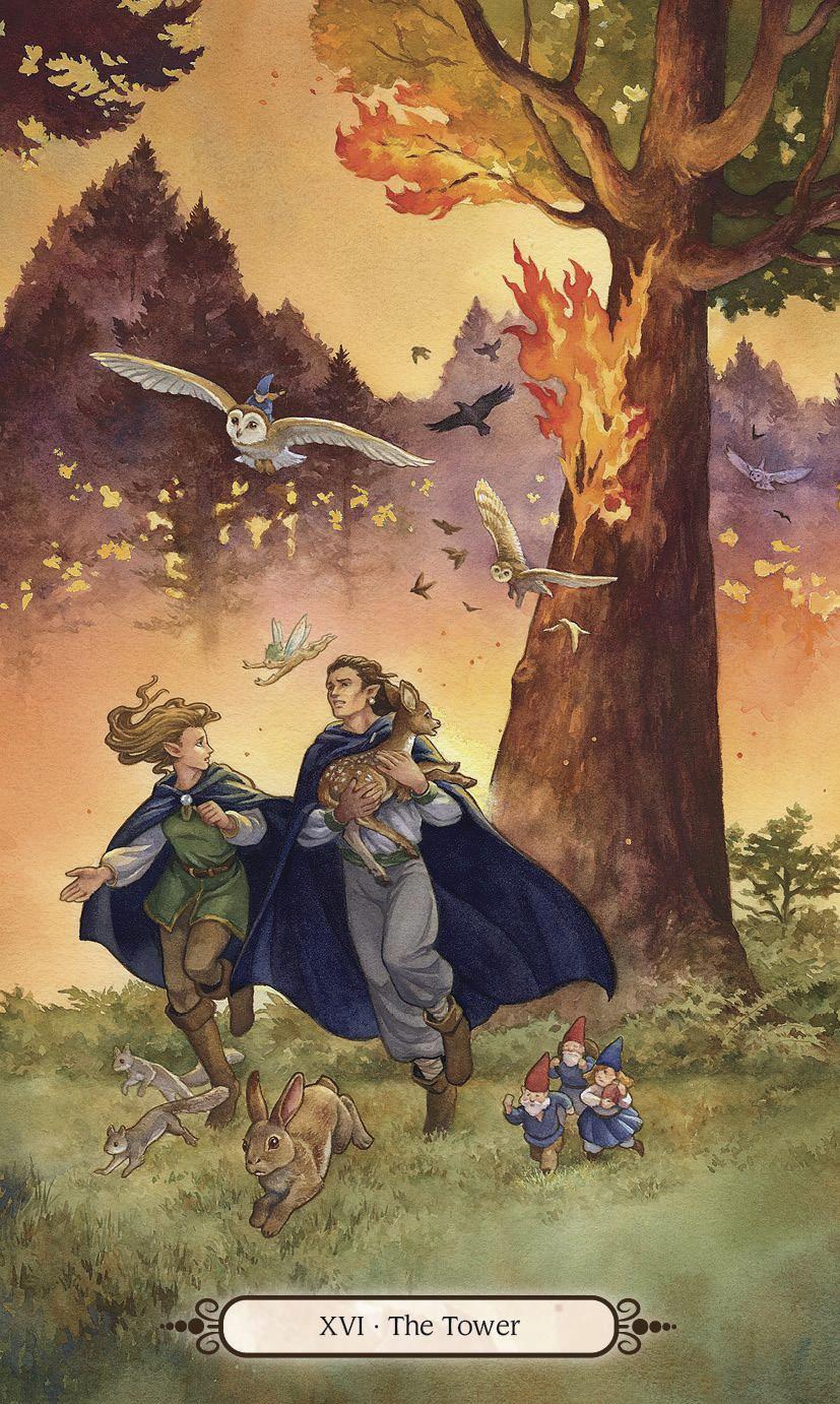 Folklore scene with characters and animals in a forest setting, featuring a large tree on fire.
