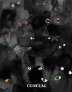 Black cats with various colored eyes on a black background, with the word 'CONCEAL' at the bottom.