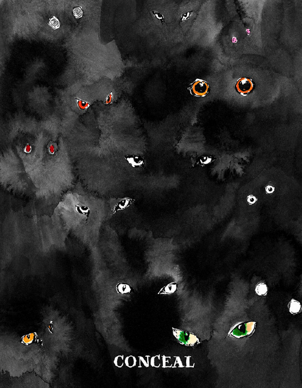 Black cats with various colored eyes on a black background, with the word 'CONCEAL' at the bottom.