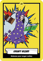 Card featuring a character labeled 'Grumpy Wizard' with a yellow border and text.