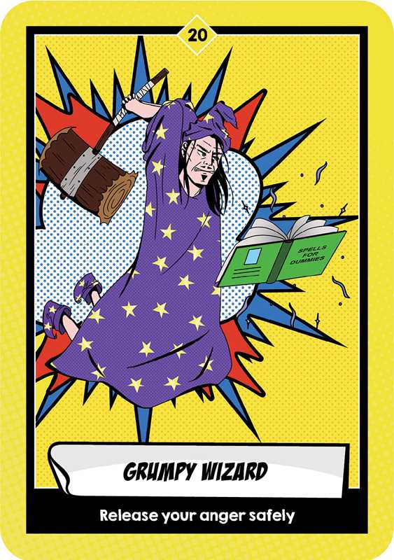 Card featuring a character labeled 'Grumpy Wizard' with a yellow border and text.