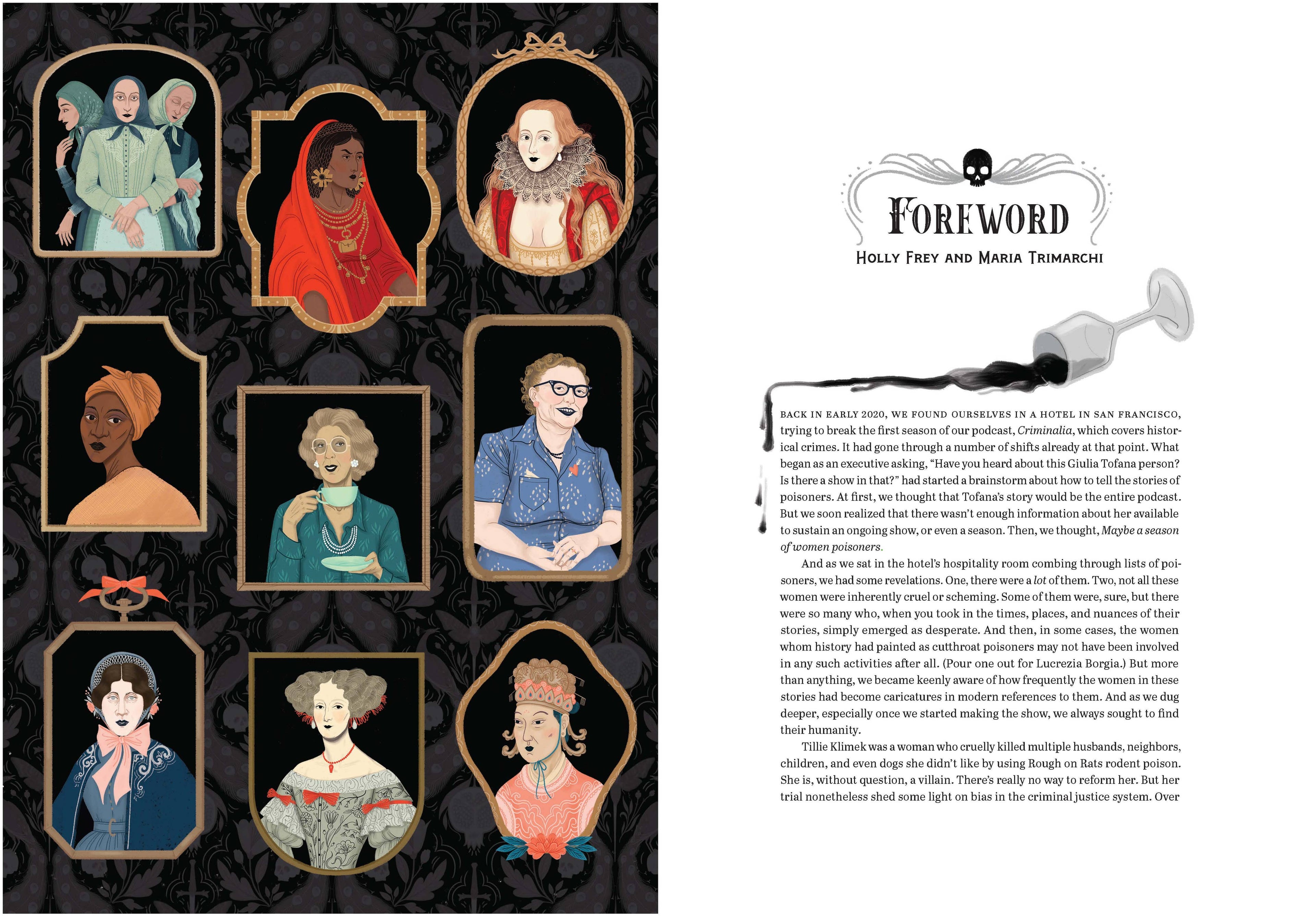 Illustrated book page with portraits of women and a foreword section.