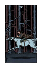 Illustration of a person on a white horse in a dark forest with a tarot card design.