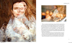 Book page with a woman holding a baby and text on a white background