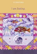 Colorful illustration of fish and sea creatures with text 'I am floating.' on a patterned background.