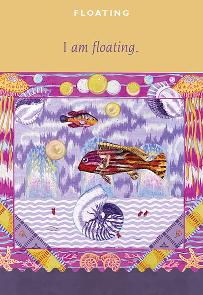 Colorful illustration of fish and sea creatures with text 'I am floating.' on a patterned background.