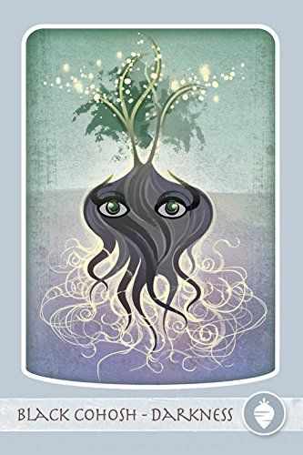 Illustration of a plant with eyes and roots on a textured background, labeled 'Black Cohosh - Darkness'.