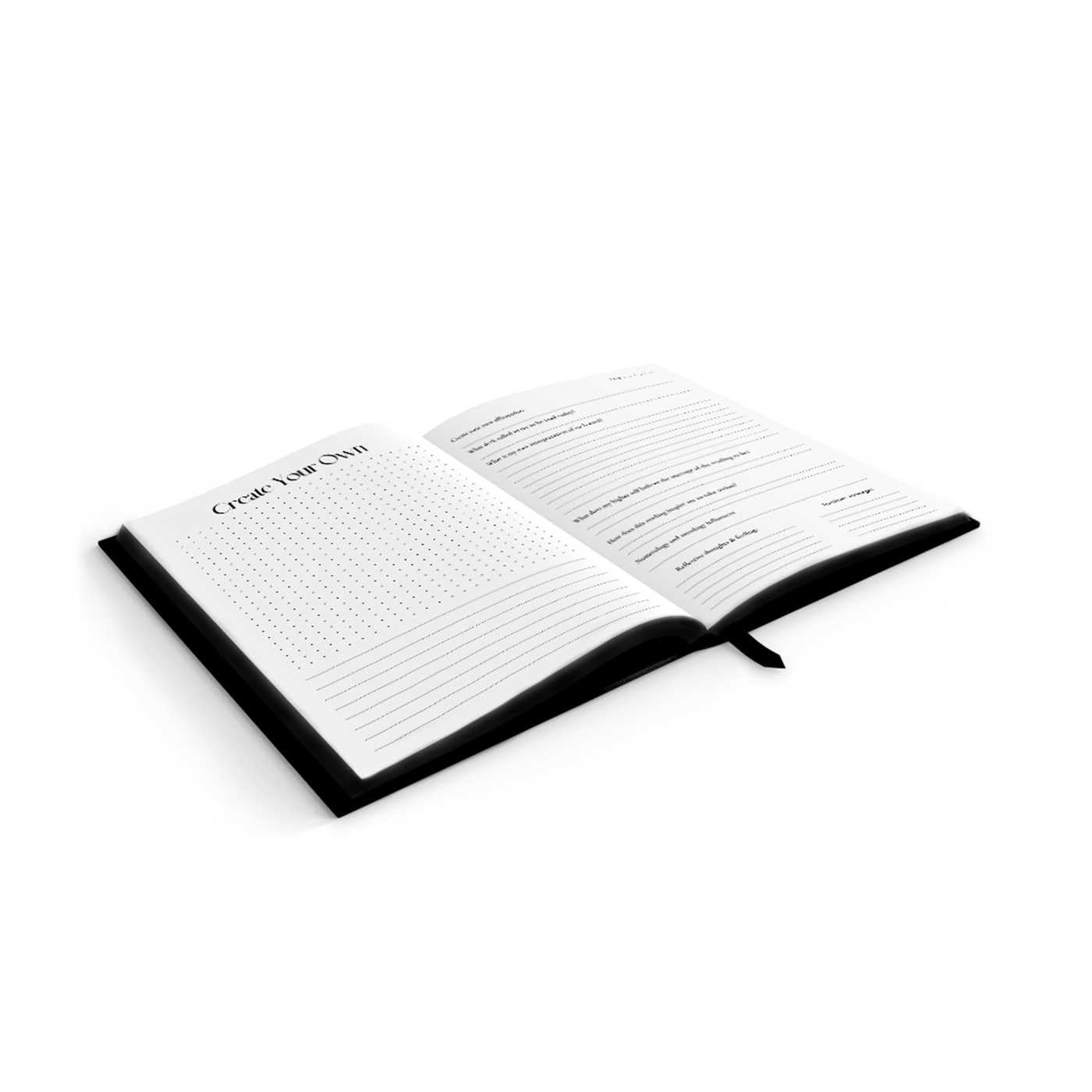 Open book with black binding on a white background