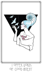 Artistic illustration of a woman with a ram's head, surrounded by birds, with text 'I offer words of good intent'.