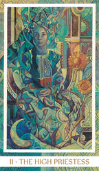 Artistic depiction of 'The High Priestess' tarot card with intricate design and color.