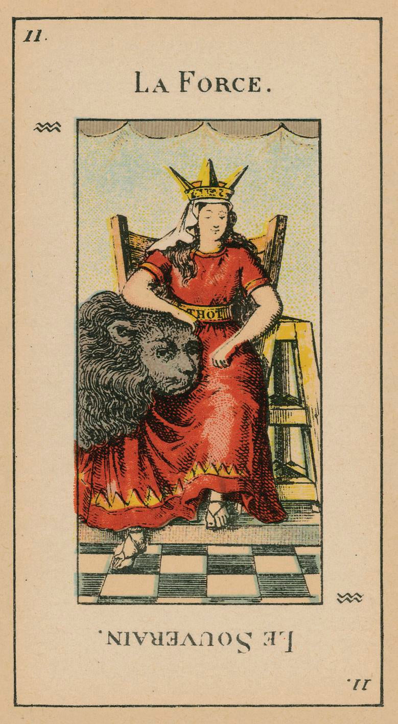 Vintage card featuring a woman in a red dress with a bear, titled 'La Force', on a beige background.