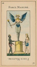 Vintage illustration of a statue labeled 'Force Majeure' with two figures holding it.