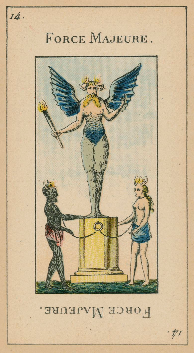 Vintage illustration of a statue labeled 'Force Majeure' with two figures holding it.