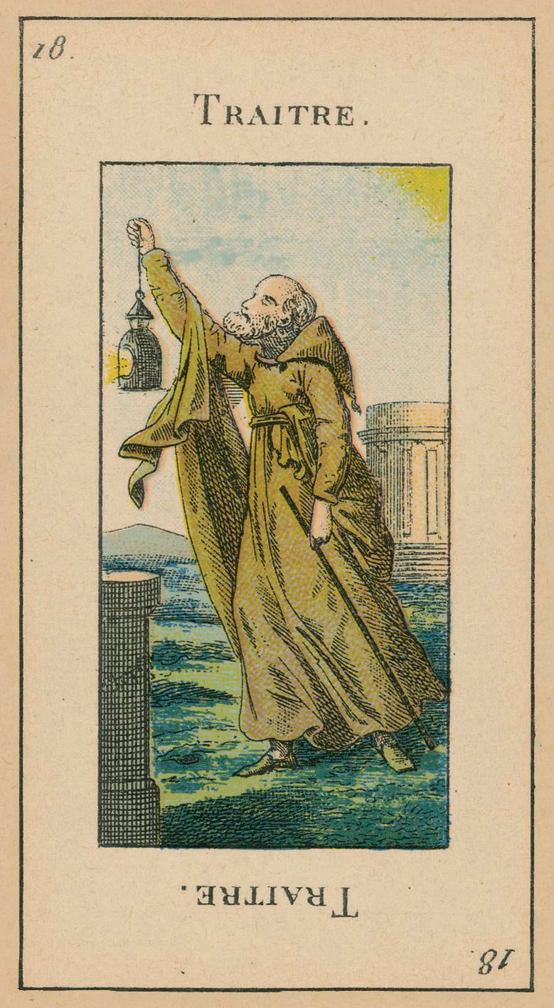 Card from a tarot deck showing a figure in a green robe with a lantern, labeled 'Traitre'.