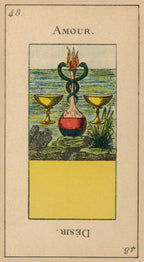 Card from a tarot deck with two cups, a snake, and a flower, labeled 'Amour' and 'Desir'.