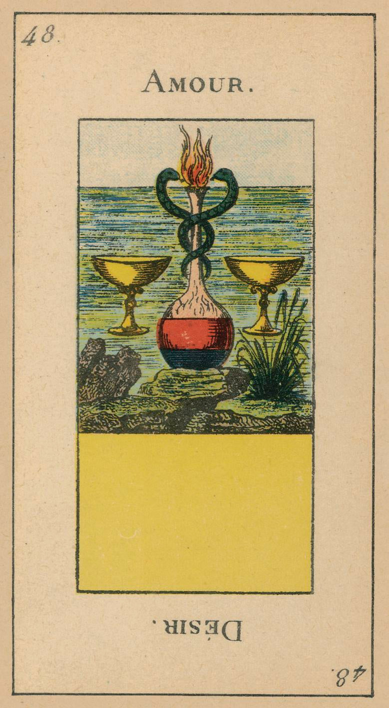 Card from a tarot deck with two cups, a snake, and a flower, labeled 'Amour' and 'Desir'.