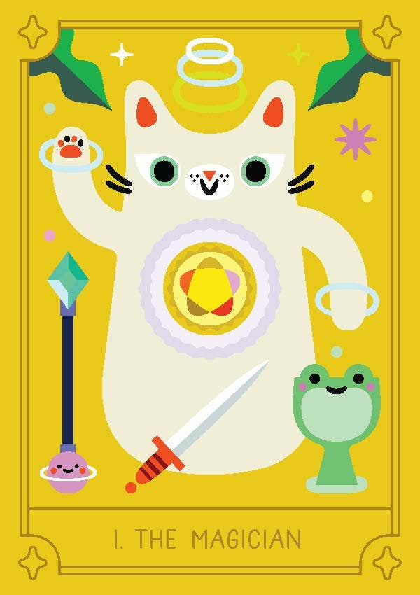 Cartoon cat with magickal items on a yellow background, styled like a tarot card.