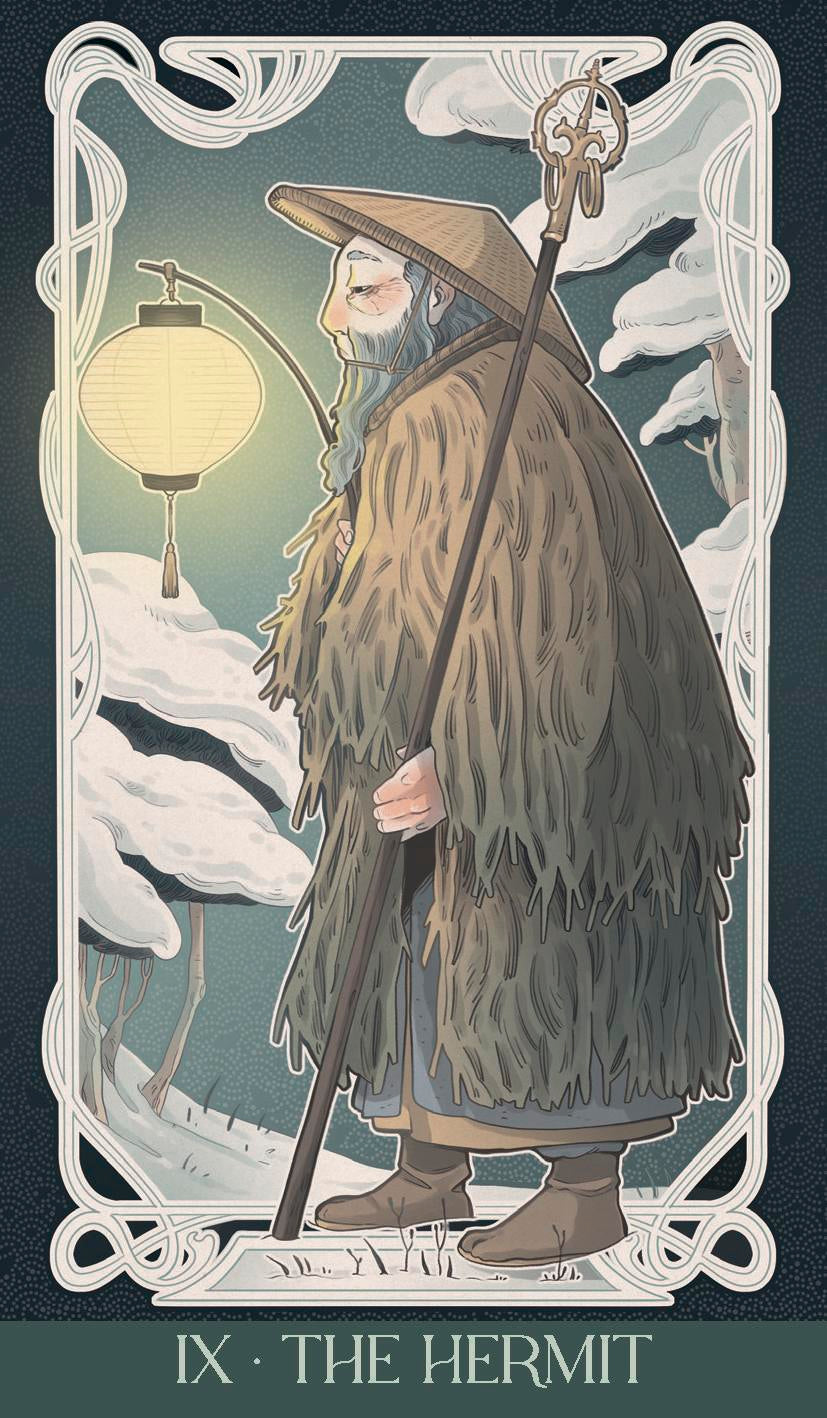 Illustration of a hermit figure with a lantern in a snowy landscape, labeled 'The Hermit'.