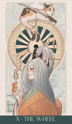 Artistic illustration of a person with long hair and a cat on their shoulder, with 'The Wheel' card from a tarot deck.
