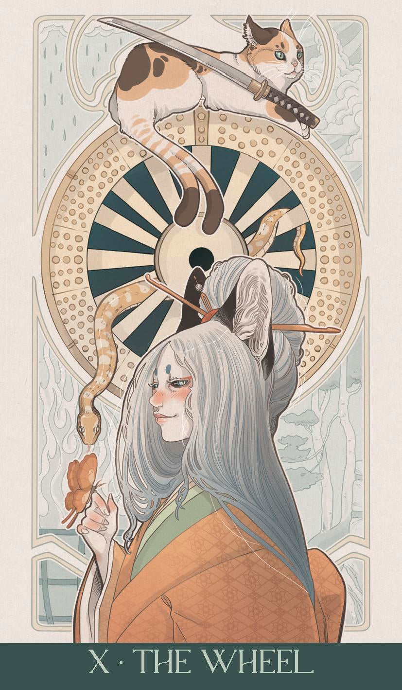 Artistic illustration of a person with long hair and a cat on their shoulder, with 'The Wheel' card from a tarot deck.