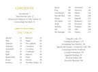 Table of contents for a book or guide on Celtic culture and goddesses, with card listings and topics.