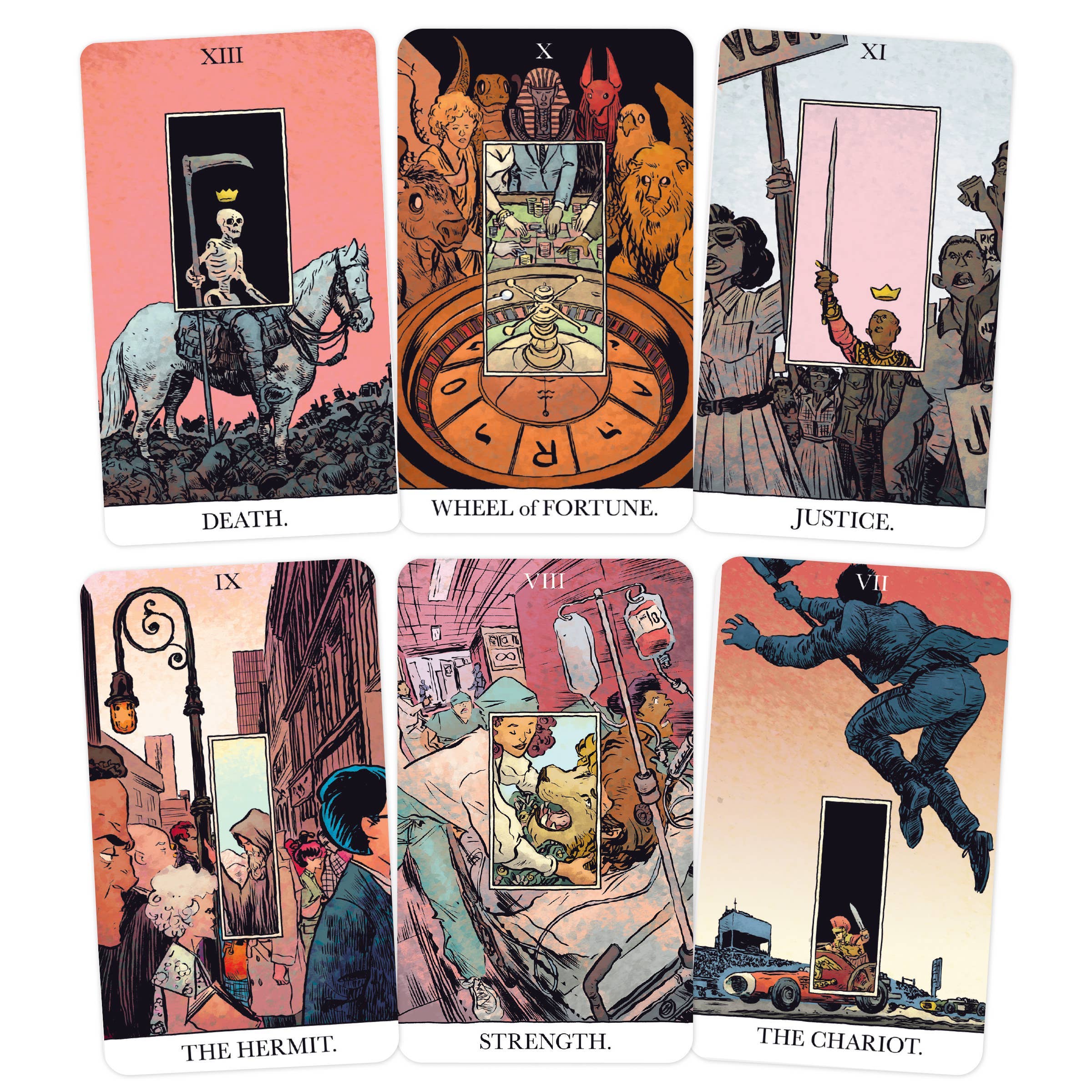 Six tarot cards from Rider-Waite deck with illustrations and text