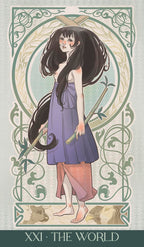 Illustration of a woman in a purple dress with a staff, framed by decorative elements.