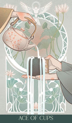 Artistic depiction of a teapot pouring water into a cup with floral and abstract design elements.
