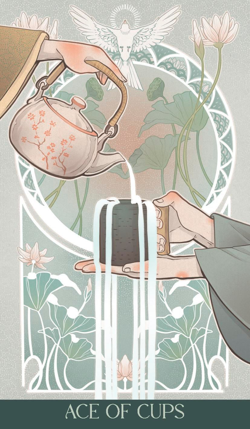 Artistic depiction of a teapot pouring water into a cup with floral and abstract design elements.