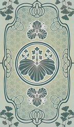 Decorative pattern with floral elements and geometric shapes on a light green background
