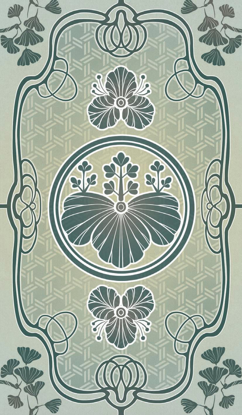 Decorative pattern with floral elements and geometric shapes on a light green background
