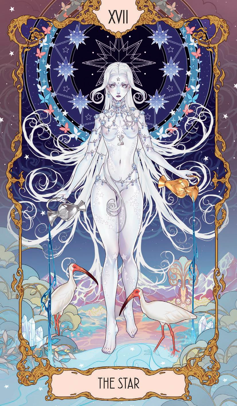 Tarot card featuring a celestial figure with storks and decorative border