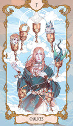 Tarot card featuring a central figure with chalices and ornate border
