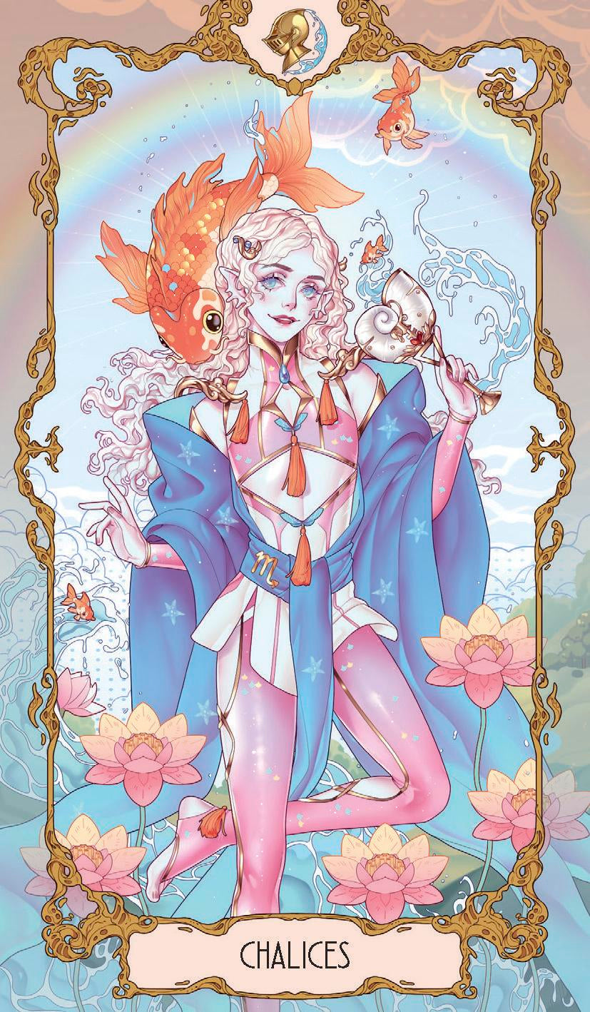 Illustration of a character with fish-like creatures and floral elements, framed with decorative border.