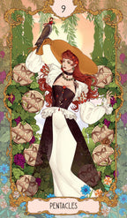 Tarot card featuring a woman with red hair and a bird, surrounded by pentacle symbols and foliage.
