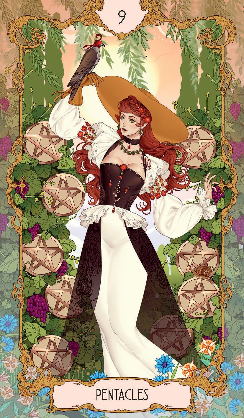 Tarot card featuring a woman with red hair and a bird, surrounded by pentacle symbols and foliage.